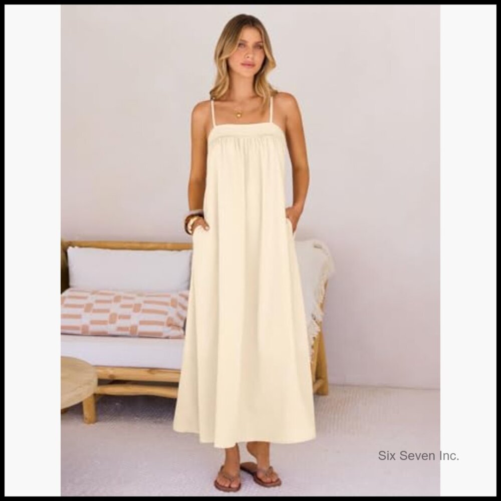 Linen Blend Maxi Sundress with Spaghetti Straps and Pockets - Picture 3 of 7
